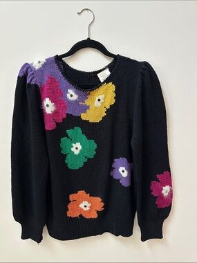 Black Floral Knit Sweater - Puff Sleeve Women’s Sweater